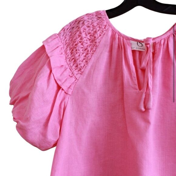 Anthropologie self contrast, pink linen, Pink Smocked Puff Sleeve Top size large - Picture 3 of 7